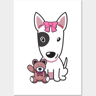 Cute bull terrier holds a teddy bear Posters and Art